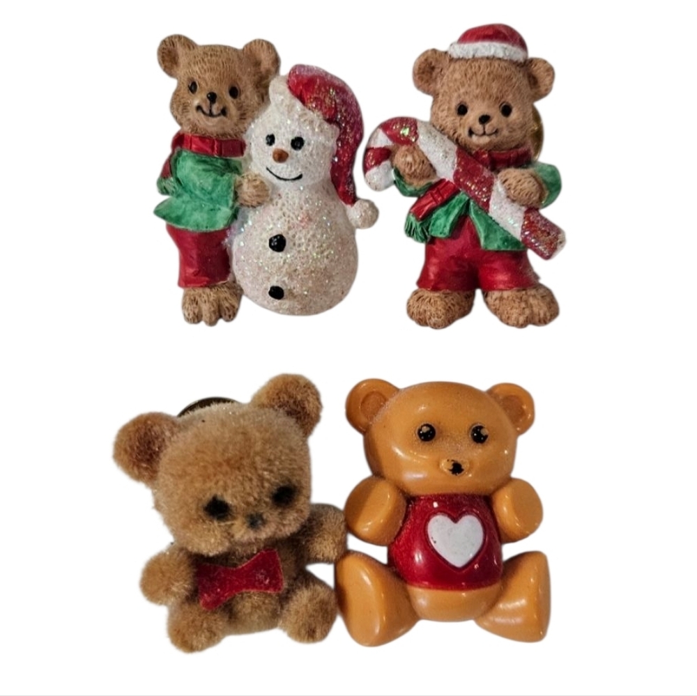 Vintage 90s Lot of 4 Teddy Bear Brooch Pins Christmas Holiday Winter Fuzzy